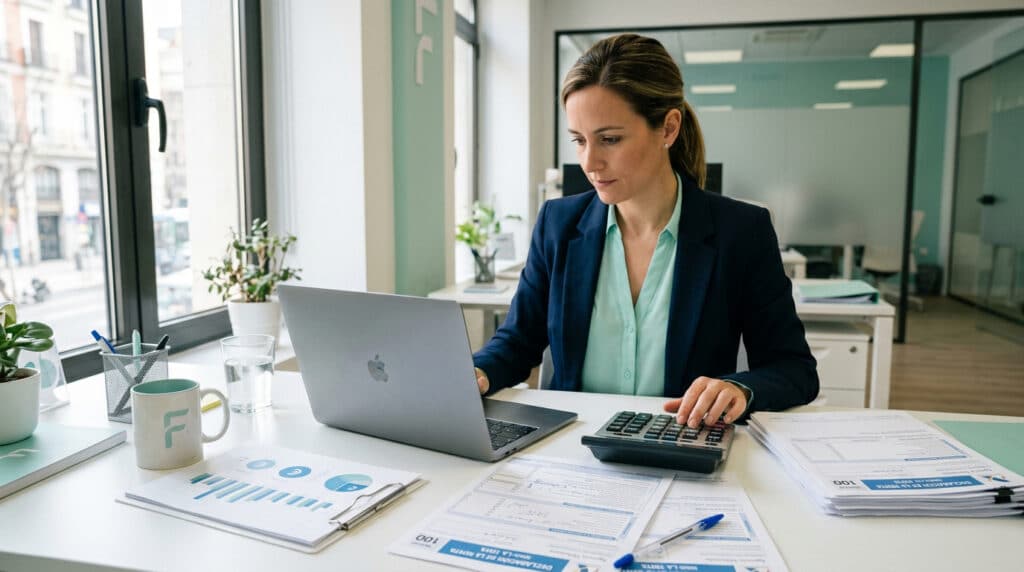 Asesor fiscal revisando documentación de la campaña de la renta e IRPF en una oficina de Robert Asesores en Málaga