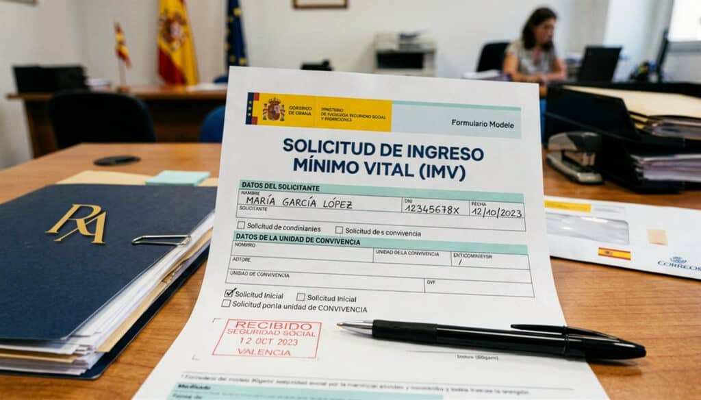 Documento de solicitud del Ingreso Mínimo Vital en un entorno administrativo profesional en España